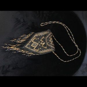 Vintage Hand Beaded Pouch with Shoulder Strap